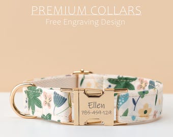 Floral Personalized Dog Collar with Bow Tie and Leash, Custom Engraved Name Plate, Adjustable Pet Collar for Small Dogs, Gift for Puppy