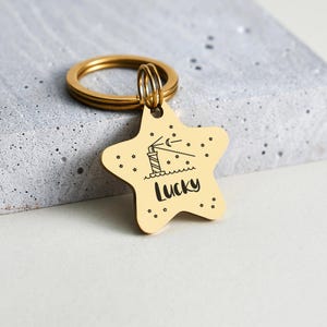 Puede incluir: Una placa dorada en forma de estrella para mascotas con un dise&ntilde;o de faro y la palabra "Lucky" en escritura negra. La placa est&aacute; unida a un llavero dorado. El fondo es una superficie gris claro.