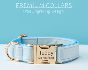 Personalized Blue Dog Collar and Leash Set with Bowtie, Adjustable Puppy Collar with Custom Engraved Metal Buckle, Gift for Dog Lovers