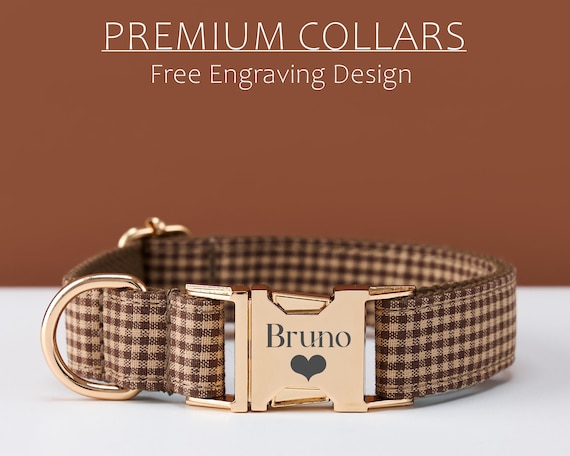 Coffee Plaid Dog Collar and Leash Set, Personalized Scottish Tartan Puppy Collar, Adjustable Pet Collar with Custom Engraved Name Tag
