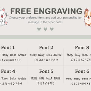 Pode incluir: Imagem que promove a grava&ccedil;&atilde;o gratuita, com exemplos de fontes e ilustra&ccedil;&otilde;es de gato e c&atilde;o. O texto convida a escolher fontes e adicionar uma mensagem nas notas do pedido.