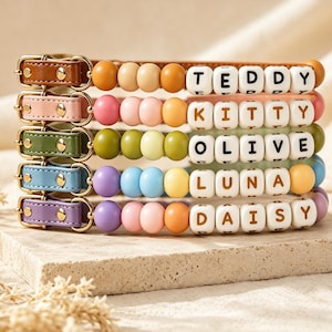 May include: A stack of five pet collars in brown, pink, green, blue, and purple. Each collar features a gold-toned buckle, a row of colorful round beads, and white square beads with black letters spelling out TEDDY, KITTY, OLIVE, LUNA, and DAISY.
