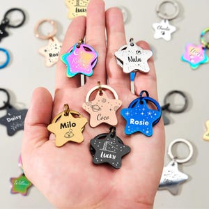 Può includere: Una collezione di targhette per animali a forma di stella in vari colori, tra cui oro, blu e iridescente. Ogni targhetta ha un nome diverso inciso, come "Milo", "Rosie" e "Lucky". Le targhette sono attaccate a portachiavi.