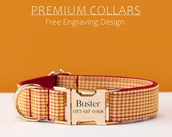 Custom Plaid Dog Collar and Leash Set with Matching Bow, Adjustable Cute Puppy Collar, Personalized Engraved Name Tag, Sturdy Metal Buckle