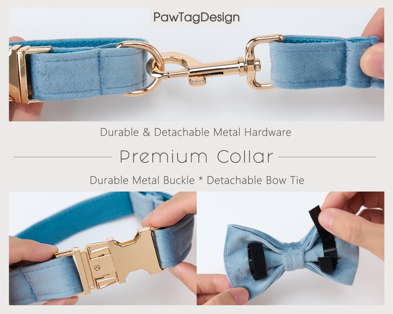Personalized Velvet Adjustable Blue Dog Collar and Leash Set, Custom Puppy Collar, Engraved Metal Buckle, Pet Name Metal Buckle, Pet Gift