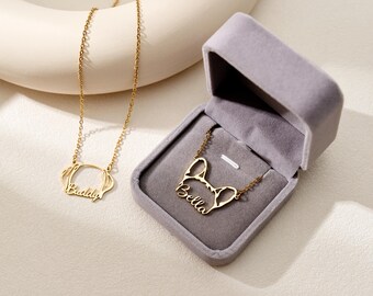 Custom Dog Name Necklace with Dog Ear Outline – Pet Memorial Jewelry, Personalized Gift for Pet Owners, Christmas Dog Lover Gift