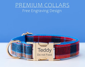May include: A blue, red, and orange plaid dog collar with a gold-colored metal buckle and ring. The buckle is engraved with the name "Teddy" and the phrase "Do not Feed". The text "PREMIUM COLLARS" and "Free Engraving Design" are at the top.