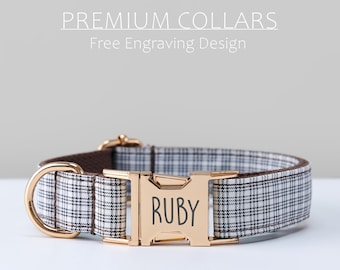 Personalized Blue Plaid Dog Collar, Leash Set with Bow Tie, Adjustable Scottish Tartan Puppy Collar, Custom Engraved Name Tag, Metal Buckle