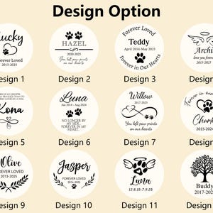 May include: A selection of twelve memorial designs, each featuring a pet's name, dates, and a heartfelt message. Designs include paw prints, hearts, angel wings, and decorative elements, all in a circular format.