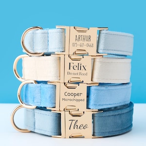 Personalized Velvet Adjustable Blue Dog Collar and Leash Set, Custom Puppy Collar, Engraved Metal Buckle, Pet Name Metal Buckle, Pet Gift