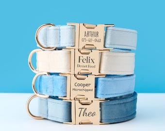 Personalized Velvet Adjustable Blue Dog Collar and Leash Set, Custom Puppy Collar, Engraved Metal Buckle, Pet Name Metal Buckle, Pet Gift