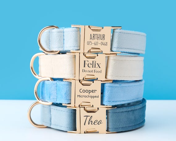 Personalized Velvet Adjustable Blue Dog Collar and Leash Set, Custom Puppy Collar, Engraved Metal Buckle, Pet Name Metal Buckle, Pet Gift
