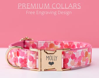Collier floral rose pour chien personnalisé avec boucle en métal gravée, noeud papillon et laisse assortis, collier réglable pour chiot et chien