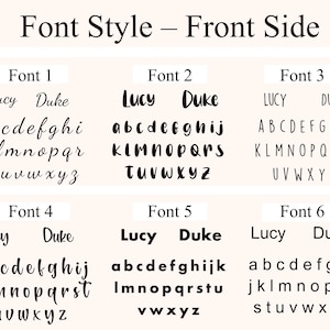 May include: A display of six different font styles, each showcasing the words "Lucy" and "Duke" above the alphabet. The fonts vary in style, from elegant cursive to bold, block letters, and are presented against a light background.