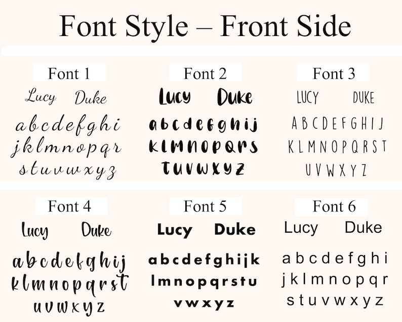 May include: A display of six different font styles, each showcasing the words "Lucy" and "Duke" above the alphabet. The fonts vary in style, from elegant cursive to bold, block letters, and are presented against a light background.