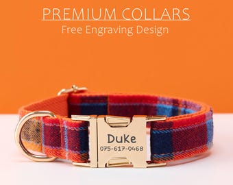 Personalized Red Plaid Dog Collar and Leash Set with Bow Tie, Adjustable Puppy Collar, Custom Engraved Name Tag, Gift For Dog