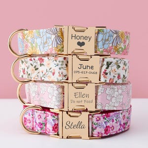 Personalized Floral Dog Collar with Bowtie, Leash, Custom Engraved Name Tag Metal Buckle, Adjustable Dog Collar, Multiple Colours, Pet Gift