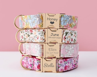 Personalized Floral Dog Collar with Bowtie, Leash, Custom Engraved Name Tag Metal Buckle, Adjustable Dog Collar, Multiple Colours, Pet Gift