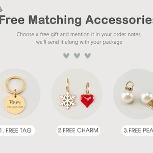 May include: A promotional graphic displaying three accessory options: a gold-toned circular pet tag engraved with the name Ruby and a phone number, a pair of charms featuring a snowflake and a red heart, and two white pearl charms with gold accents.