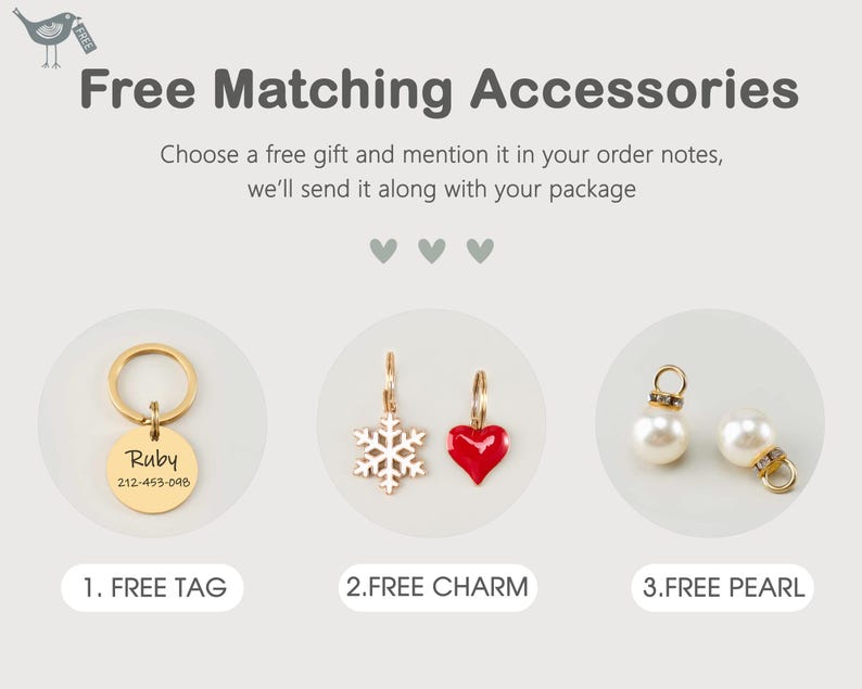 May include: A promotional graphic displaying three accessory options: a gold-toned circular pet tag engraved with the name Ruby and a phone number, a pair of charms featuring a snowflake and a red heart, and two white pearl charms with gold accents.