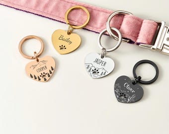 Cute Heart Shaped Pet ID Tag with Cut-Out Paw Design, Custom Engraved Dog Tag, Cat Name Tag, Cute Pet Gift, Available in Multiple Colors