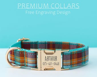 Cyan Plaid Dog Collar and Leash Set, Personalized Puppy Collar with Engraved Name Tag, Custom Pet Gift for Christmas or Birthday