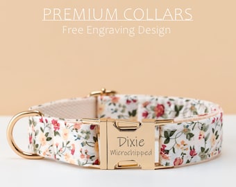 Custom Engraved Dog Collar Bow Tie Leash Set, Personalized Floral Pet Collar with Metal Buckle, Puppy Birthday Wedding Gift