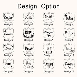 May include: A collection of sixteen cat-shaped pet ID tags with various designs and names. The tags are black and white, featuring names like "Dexter," "Bella," and "Daisy," along with decorative elements such as stars, hearts, and fish.