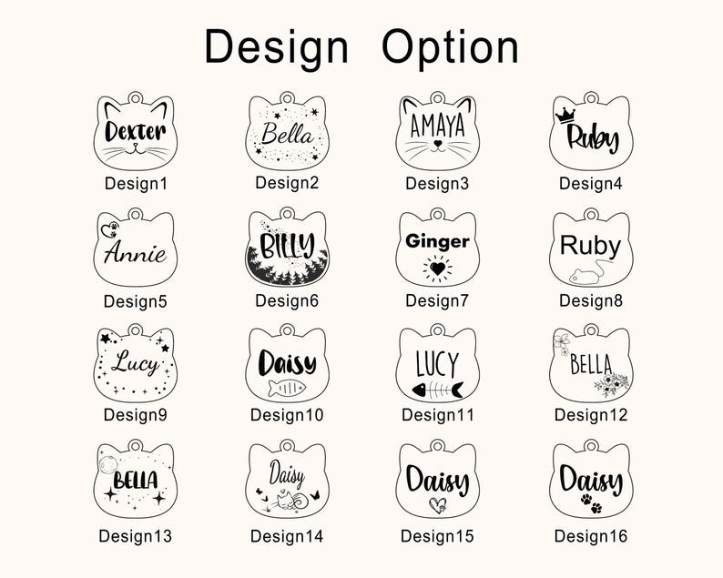 May include: A collection of sixteen cat-shaped pet ID tags with various designs and names. The tags are black and white, featuring names like "Dexter," "Bella," and "Daisy," along with decorative elements such as stars, hearts, and fish.