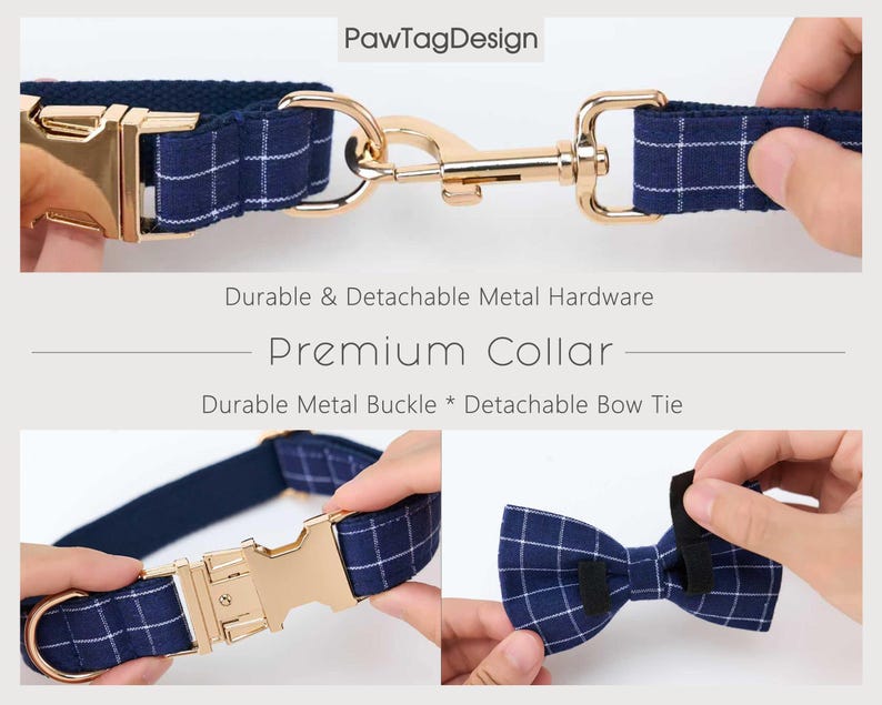 Pode incluir: Coleira para c&atilde;es xadrez azul marinho com fivela e ferragens de metal dourado. A coleira possui uma fivela de metal dur&aacute;vel e uma gravata borboleta remov&iacute;vel. O texto "Premium Collar" tamb&eacute;m &eacute; vis&iacute;vel.