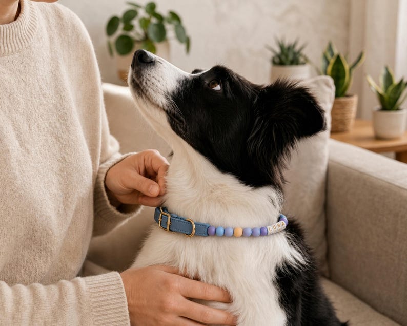 May include: A blue dog collar featuring a gold-toned metal buckle and a series of round, multi-colored beads in shades of purple, yellow, and blue. The collar includes a personalized rectangular bead with the name LUNA printed in black letters.