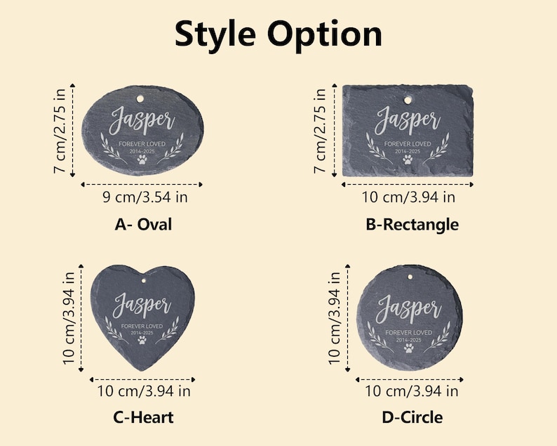May include: Four slate pet memorial options: oval (9 cm/3.54 in), rectangle (10 cm/3.94 in), heart (10 cm/3.94 in), and circle (10 cm/3.94 in). Each features the name "Jasper", "FOREVER LOVED", and a paw print.