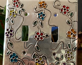 Flowers Colorful Flower Silver Metal Double Toogle switch plate Switchplate Light Switch Cover