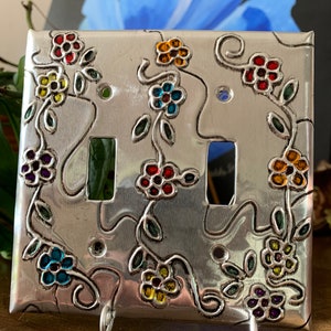 Flowers Colorful Flower Silver Metal Double Toogle switch plate Switchplate Light Switch Cover