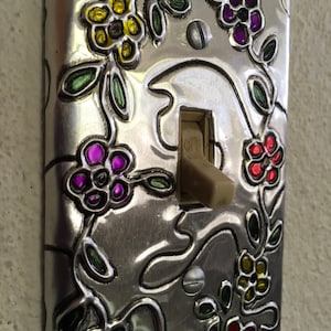 Flowers Colorful Flower Silver Metal Single Toogle switch plate Switchplate Light Switch Cover