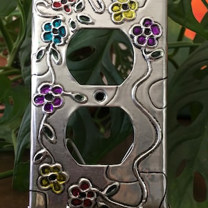 Flowers Colorful Flower Silver Metal Outlet switch plate  Switchplate Light Switch Cover