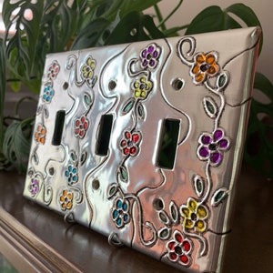 Flowers Colorful Flower Silver Metal Triple Toogle switch plate Switchplate Light Switch Cover switch plate switchplate light switch cover