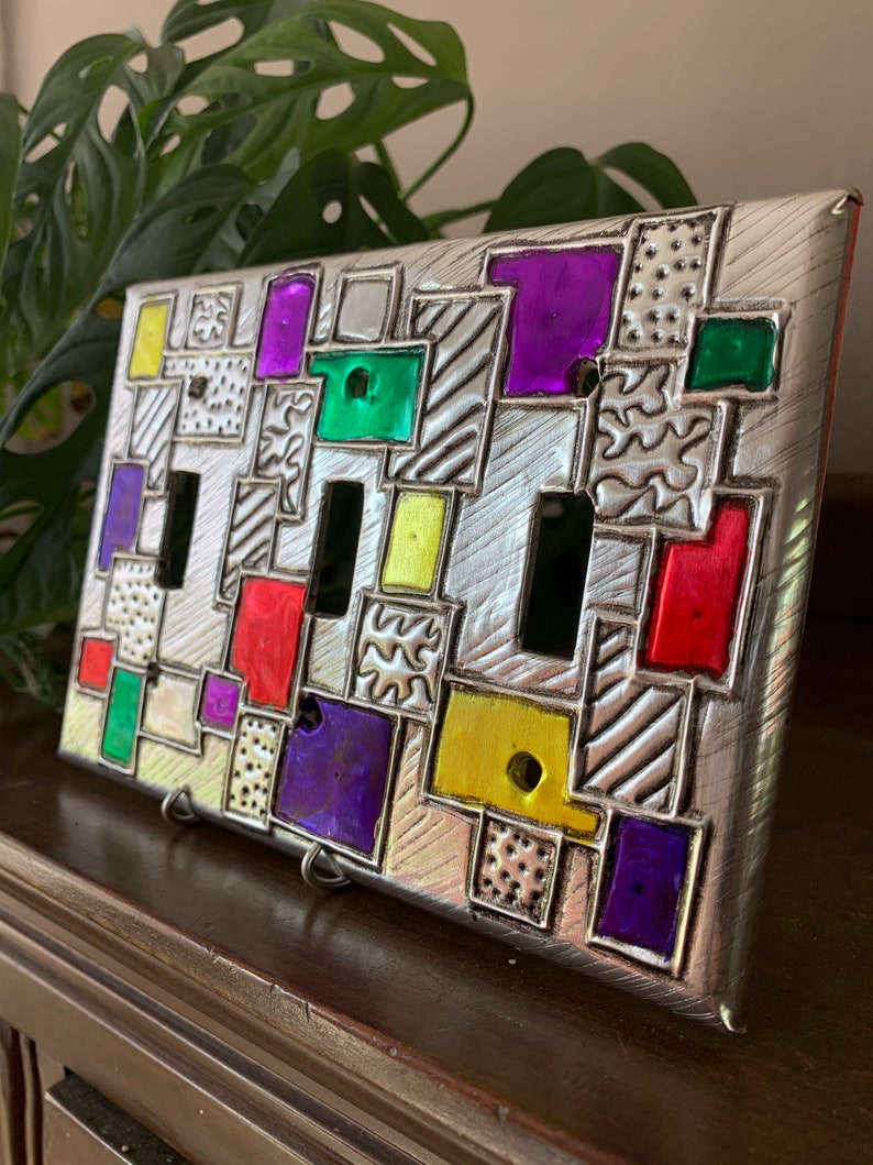 Squares Colors and Texture Silver Triple Aluminum Handmade Metal switcht plate switchplate light switch cover