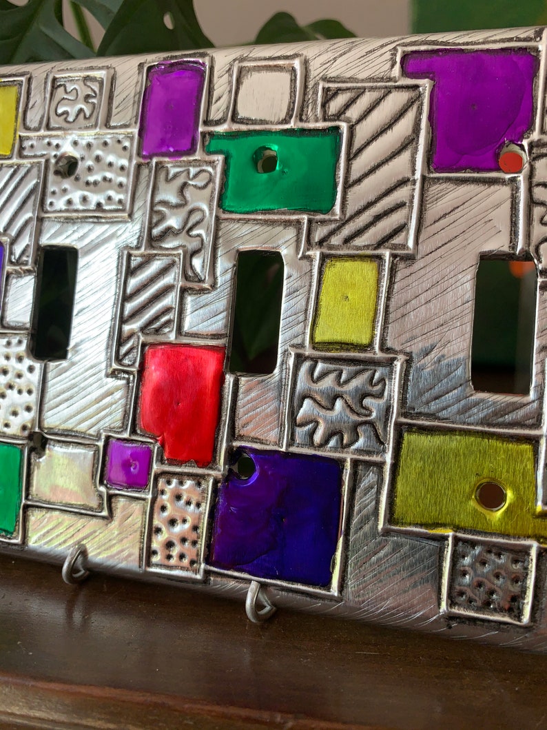 Squares Colors and Texture Silver Triple Aluminum Handmade Metal switcht plate switchplate light switch cover
