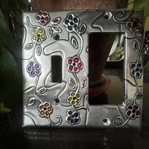 Flowers Colorful Flower Double Single Rocker combo Silver Metal Single Rocker Toogle switch plate Switchplate Light Switch Cover