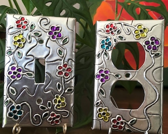 Handmade Aluminum Flower Switch Plate Cover: Colorful Metal Outlet Combo