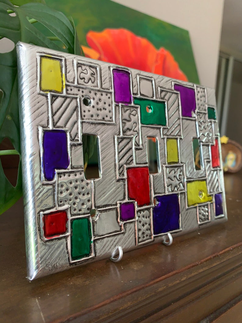 Squares Colors and Texture Silver Triple Aluminum Handmade Metal switcht plate switchplate light switch cover