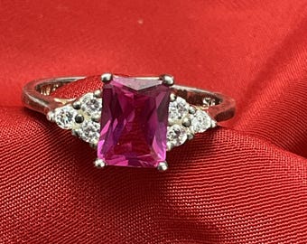 Vintage Sterling Silver Ring Large Ruby And Cubic Zirconia Size 9 Signed NV