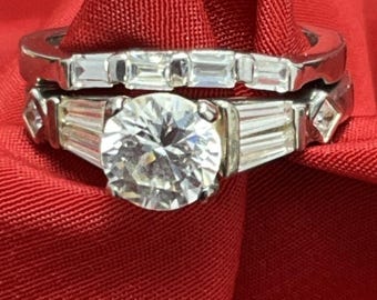 Vintage Sterling Silver 925 W Large CZ Engagement Wedding Ring Set Size 7.75