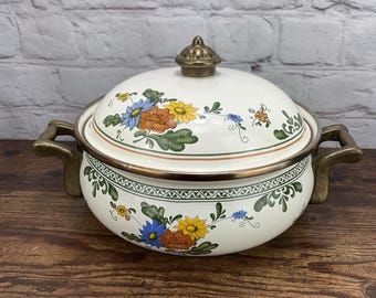 Vintage ASTA Floral Enamel Cookware Brass 8.5" Dutch Oven Casserole Pot
