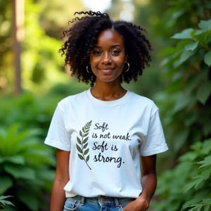 Maglietta "Soft Is Strong", maglietta per l'empowerment femminile da donna, maglietta con motivo minimalista con fiori di campo, maglietta con citazione sull'amore per se stessi, maglietta con estetica boho.