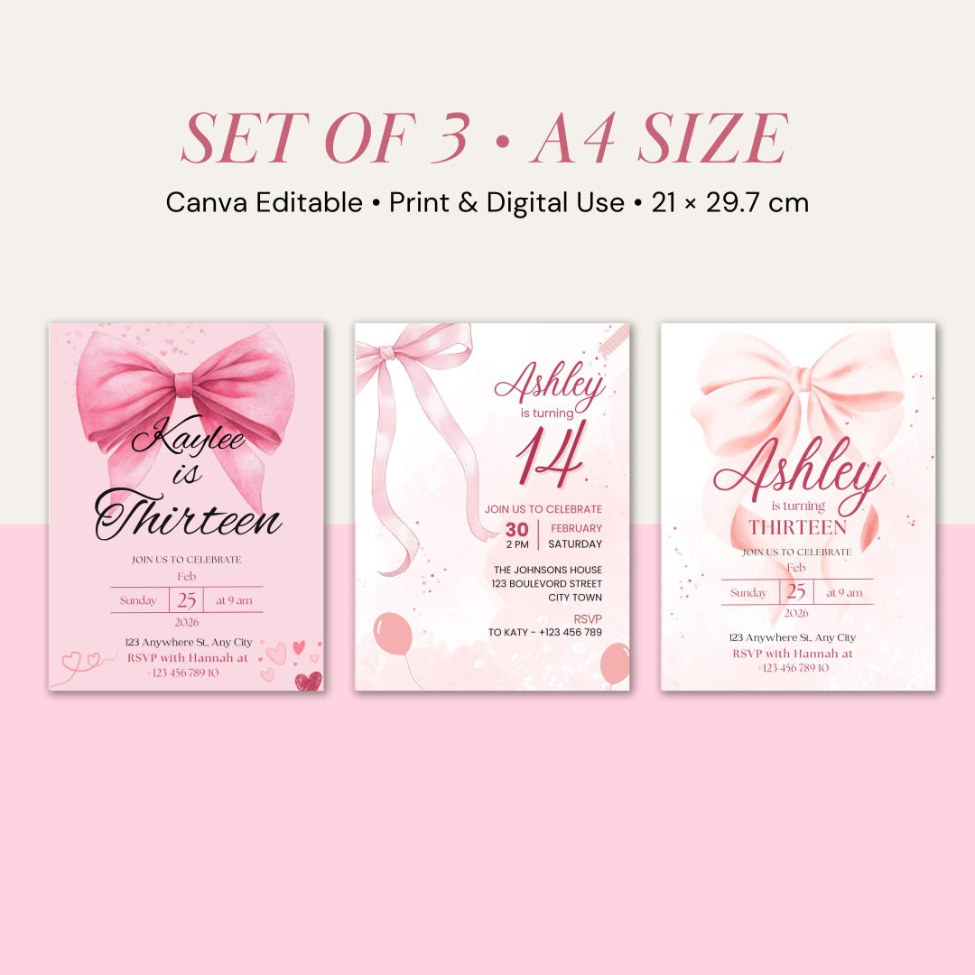 Pink Bow Coquette 13th Birthday Invitation, Teen Girl Party Invite ...