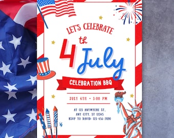 Invitation à une soirée barbecue du 4 juillet, modèle d'invitation à une soirée barbecue du 4 juillet, invitation à un feu d'artifice pour le jour de l'indépendance, invitation au barbecue