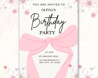 Pink bow birthday invitation, Coquette Pink Bow Birthday Invitation, Ribbon Birthday Invitation, Editable & Printable Invitation Template