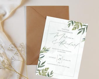 Green wedding invitation, Green Wedding Invitation Template, Minimalist Garden Invite, Elegant Greenery Wedding Invite